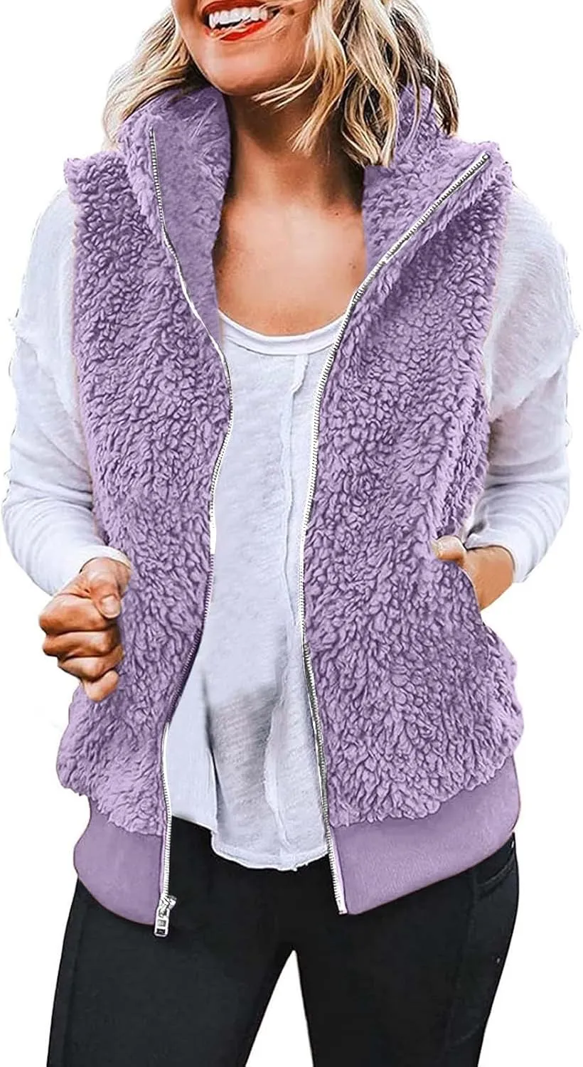 Women Plush Hooded Coats Lightweight Vest Coat Winter Outwear Zip Up Fleece Sleeveless Jacket with Pockets