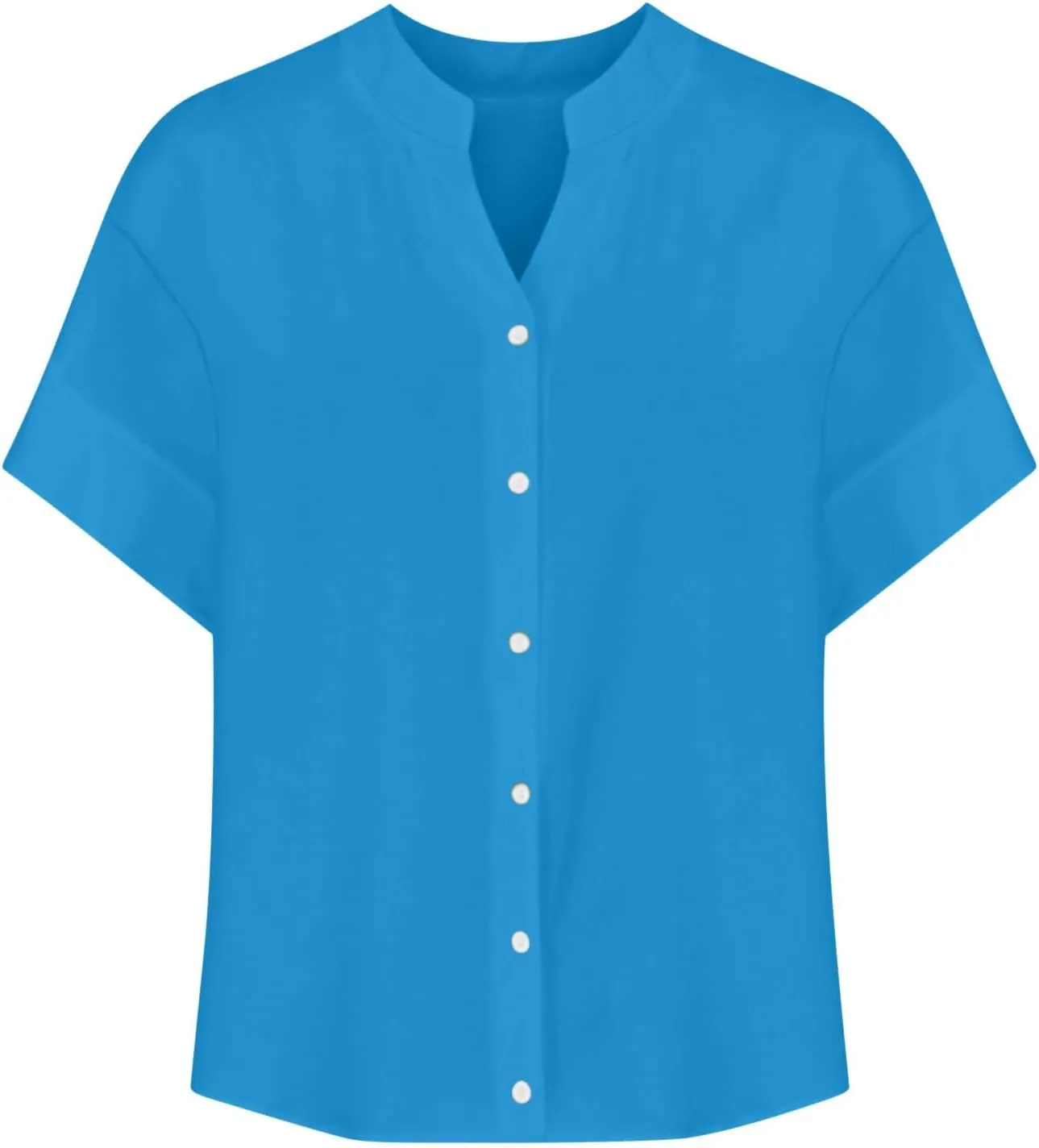 Women Rolled-Up Short Sleeve Shirts Summer Cotton Linen Button Down V Neck Blouses Casual Loose Fit Beach Vacation Tee Tops
