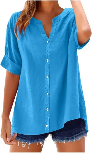 Women Rolled-Up Short Sleeve Shirts Summer Cotton Linen Button Down V Neck Blouses Casual Loose Fit Beach Vacation Tee Tops