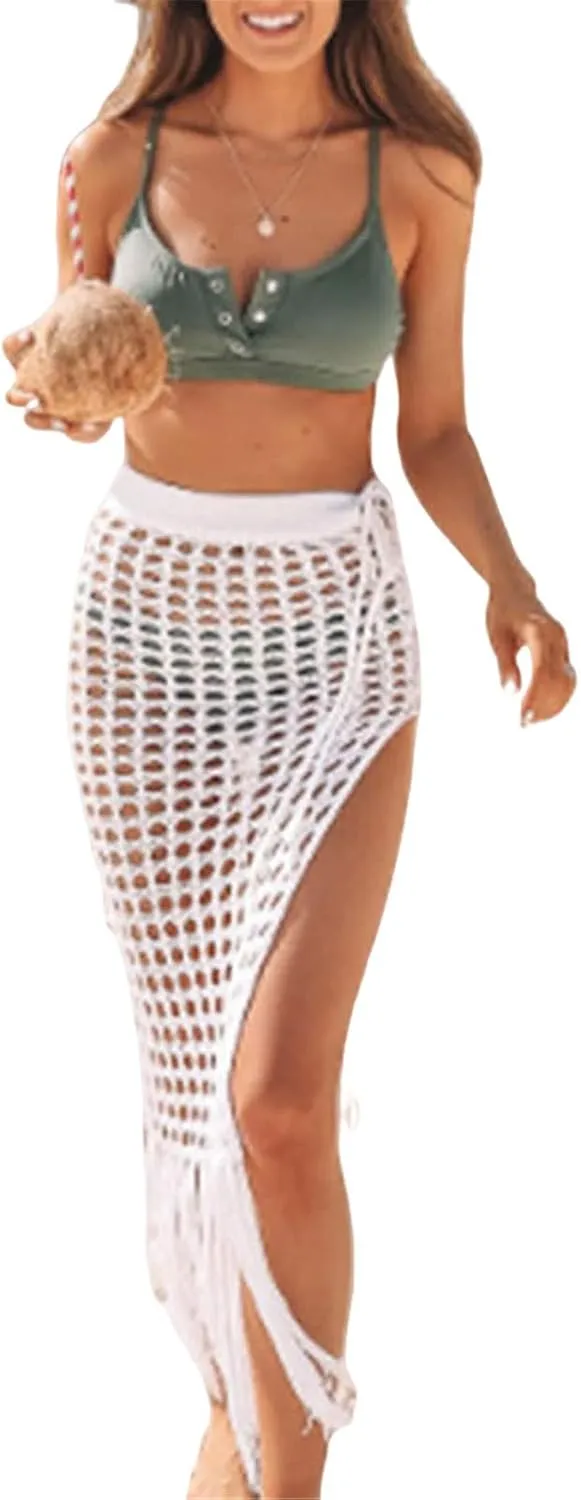 Women Sexy Hollow Out Mesh Tassle Skirts Beach Cover Up Summer Fish Net Swimsuit Wrap Sheer Maxi Sarong Swimwear