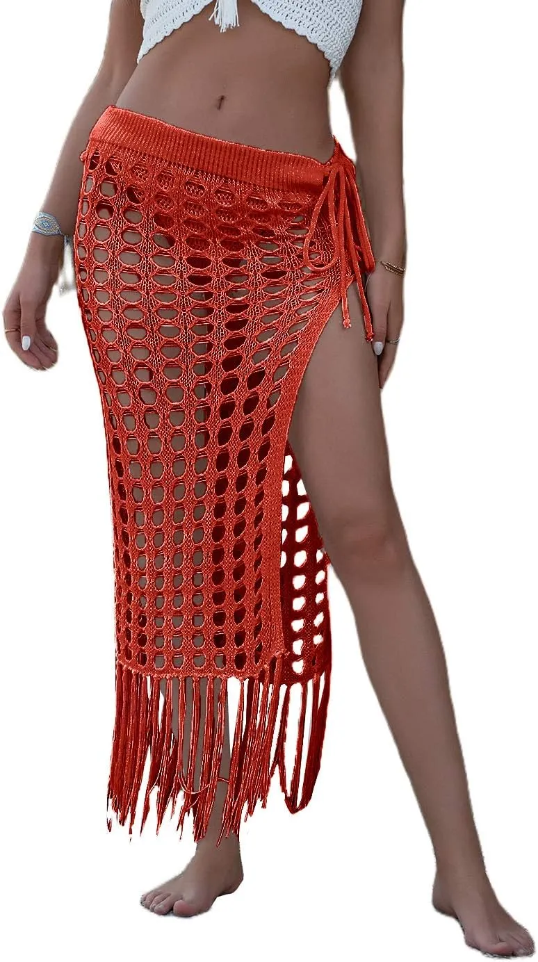 Women Sexy Hollow Out Mesh Tassle Skirts Beach Cover Up Summer Fish Net Swimsuit Wrap Sheer Maxi Sarong Swimwear