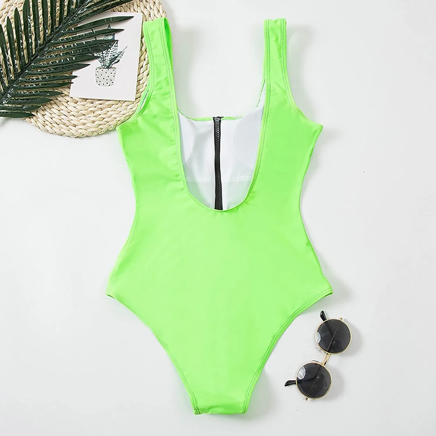 Women Sexy Zipper Front Low Back High Cut One Piece Swimsuit Bathing Suit Swimwear Tummy Control Backless Bathing Suit