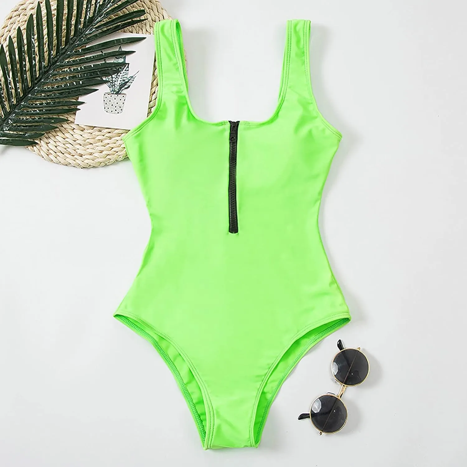 Women Sexy Zipper Front Low Back High Cut One Piece Swimsuit Bathing Suit Swimwear Tummy Control Backless Bathing Suit