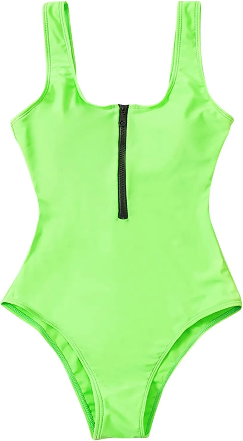 Women Sexy Zipper Front Low Back High Cut One Piece Swimsuit Bathing Suit Swimwear Tummy Control Backless Bathing Suit