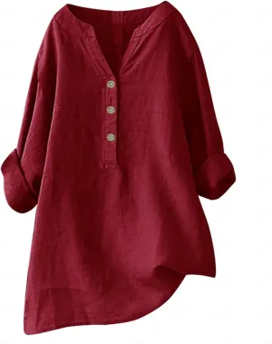 Women Short Sleeve Cotton Linen Shirt Casual Crew Neck Trendy Dressy T Shirt Buttons Loose Fit Summer Tee Top