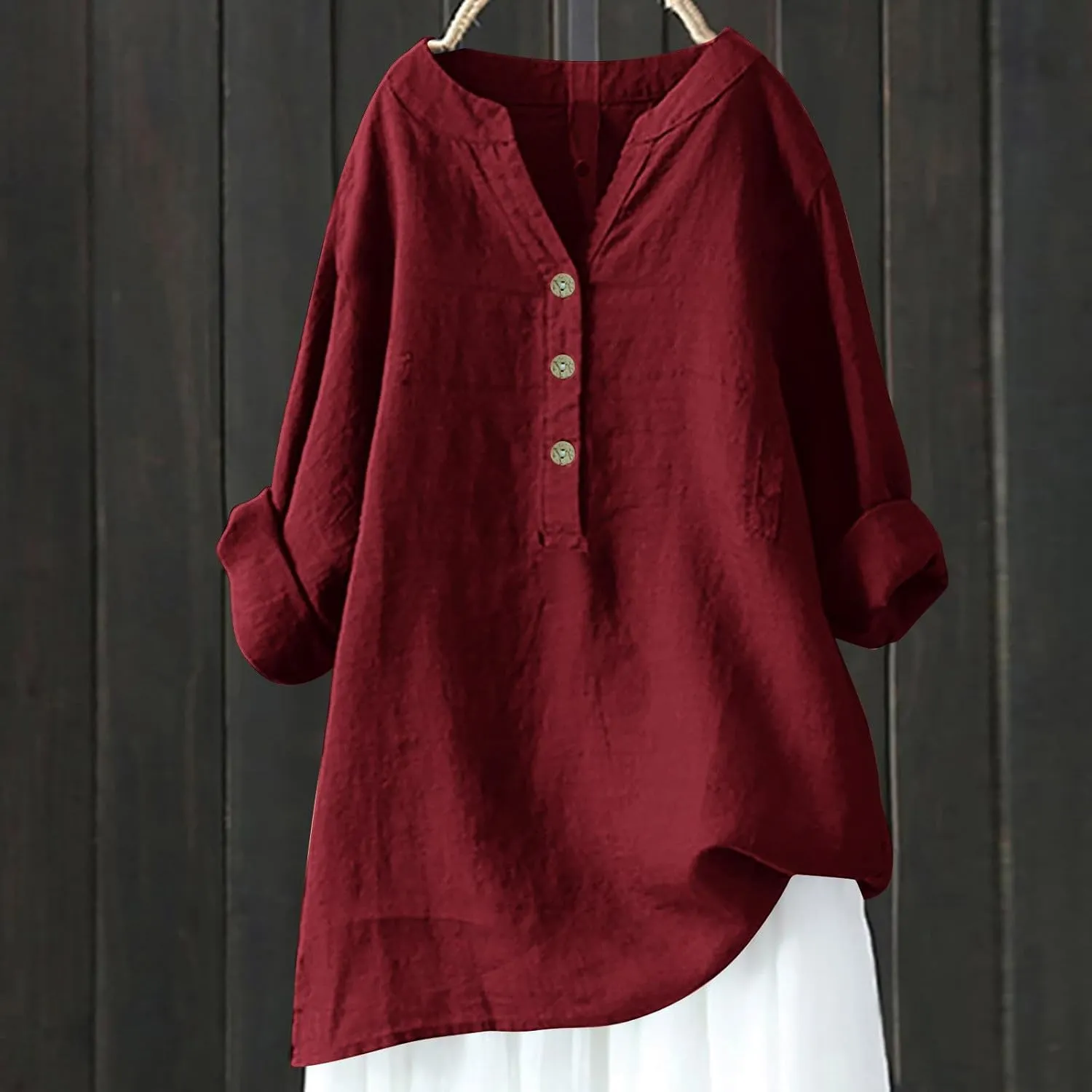 Women Short Sleeve Cotton Linen Shirt Casual Crew Neck Trendy Dressy T Shirt Buttons Loose Fit Summer Tee Top