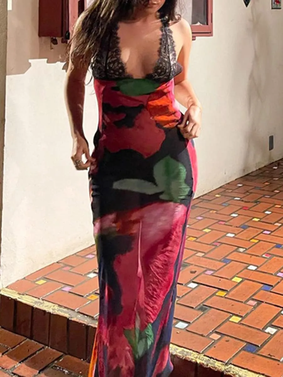 Women Sleeveless Floral Print Maxi Dress Sexy Backless Bodycon Long Dress Evening Cocktail Party Dress