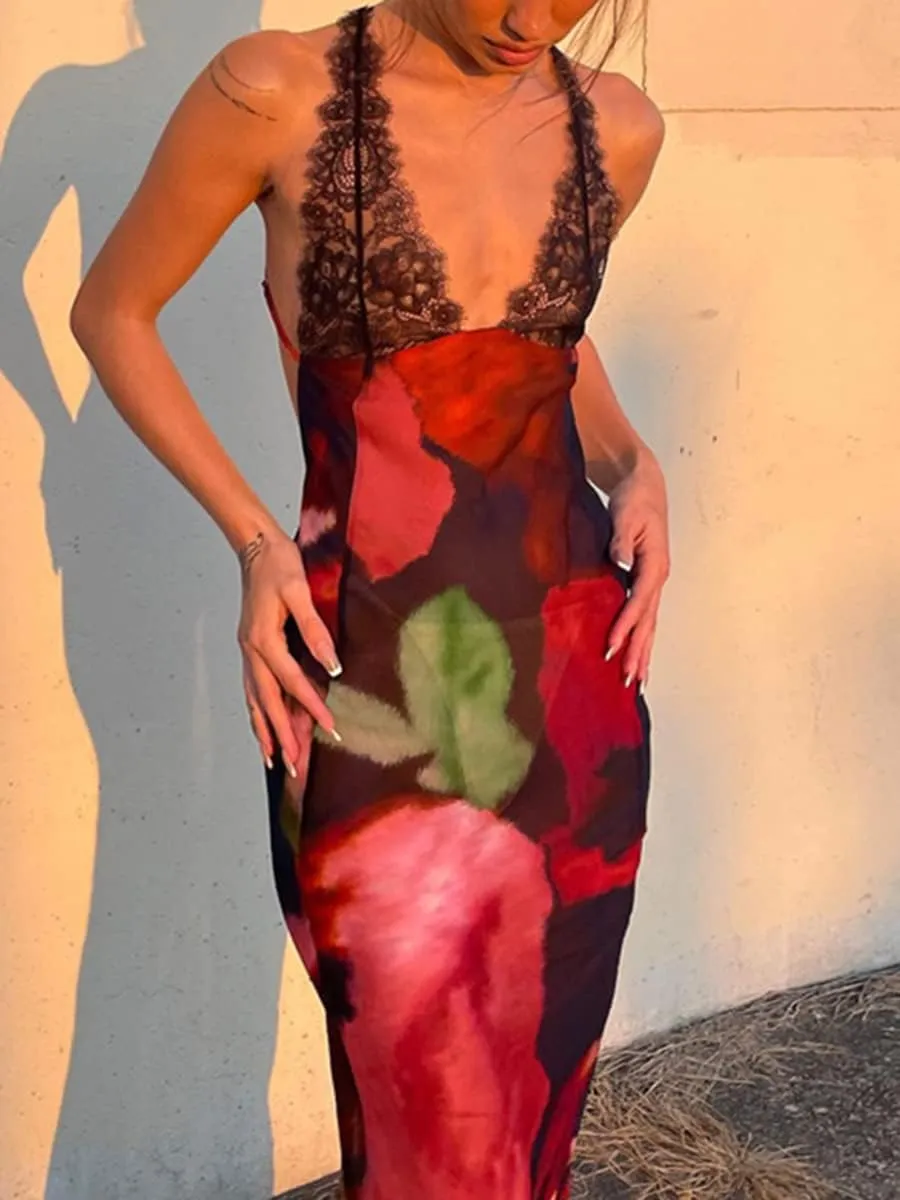 Women Sleeveless Floral Print Maxi Dress Sexy Backless Bodycon Long Dress Evening Cocktail Party Dress