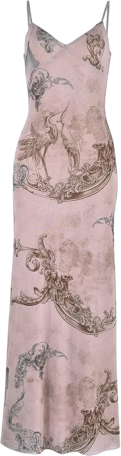 Women Sleeveless Floral Print Maxi Dress Sexy Backless Bodycon Long Dress Evening Cocktail Party Dress