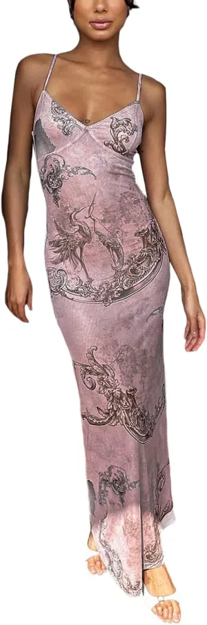Women Sleeveless Floral Print Maxi Dress Sexy Backless Bodycon Long Dress Evening Cocktail Party Dress