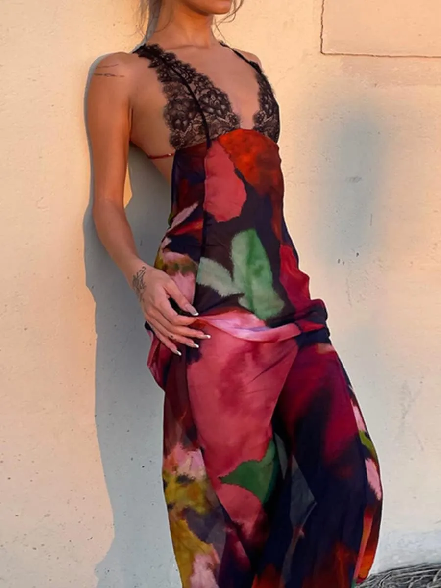 Women Sleeveless Floral Print Maxi Dress Sexy Backless Bodycon Long Dress Evening Cocktail Party Dress