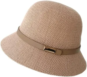 Women Straw Cloche Sun Hat Foldable Summer Sun UV Protection Short Brim Belt Buckle Cap