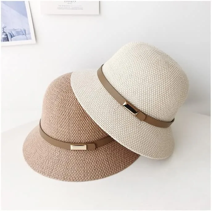 Women Straw Cloche Sun Hat Foldable Summer Sun UV Protection Short Brim Belt Buckle Cap