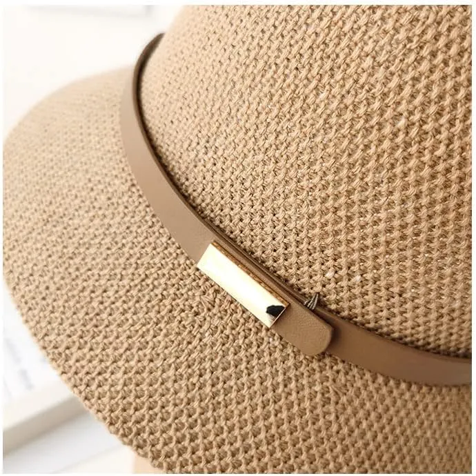 Women Straw Cloche Sun Hat Foldable Summer Sun UV Protection Short Brim Belt Buckle Cap