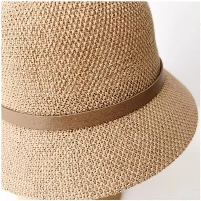 Women Straw Cloche Sun Hat Foldable Summer Sun UV Protection Short Brim Belt Buckle Cap