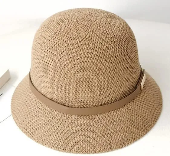 Women Straw Cloche Sun Hat Foldable Summer Sun UV Protection Short Brim Belt Buckle Cap