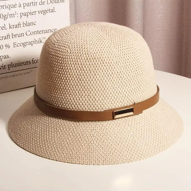 Women Straw Cloche Sun Hat Foldable Summer Sun UV Protection Short Brim Belt Buckle Cap