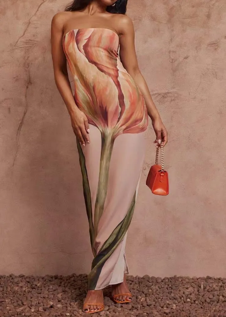 Women Summer 2024 Strapless Maxi Tube Dress Tie Dye Bodycon Backless Party Club Long Dresses