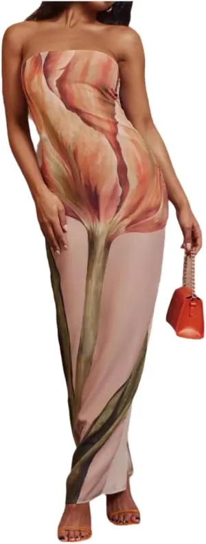 Women Summer 2024 Strapless Maxi Tube Dress Tie Dye Bodycon Backless Party Club Long Dresses