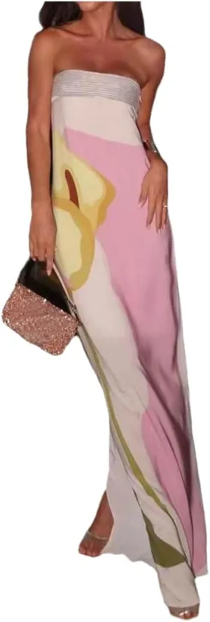 Women Summer 2024 Strapless Maxi Tube Dress Tie Dye Bodycon Backless Party Club Long Dresses