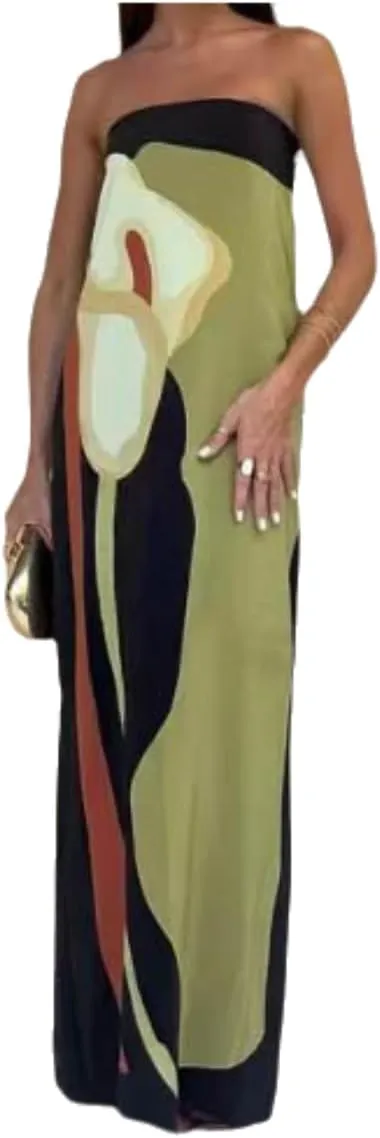 Women Summer 2024 Strapless Maxi Tube Dress Tie Dye Bodycon Backless Party Club Long Dresses