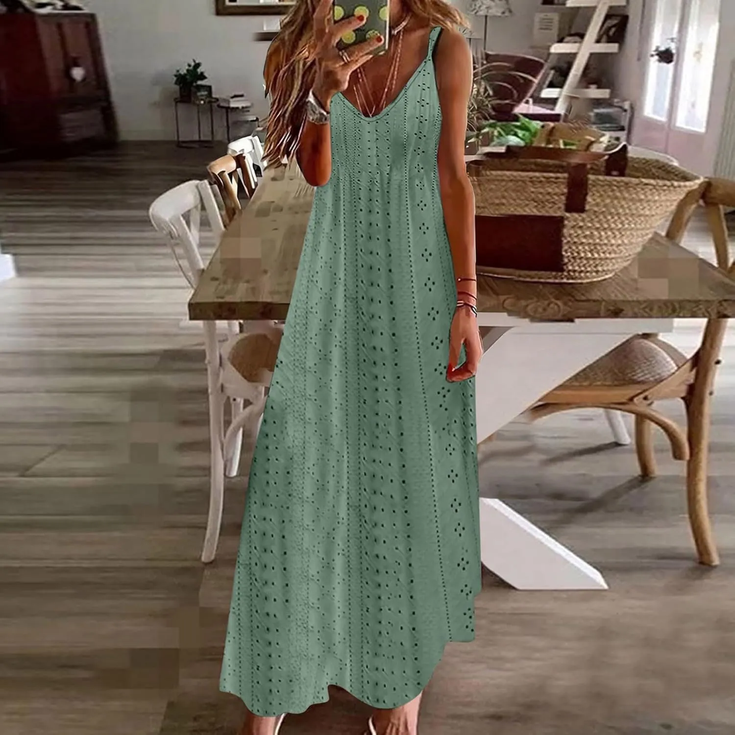 Women Summer 2025 Maxi Dresses Vacation Hollow Out Spaghetti Strap Sundress V Neck Ankle Length Ladies Dress