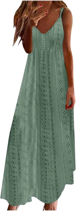 Women Summer 2025 Maxi Dresses Vacation Hollow Out Spaghetti Strap Sundress V Neck Ankle Length Ladies Dress