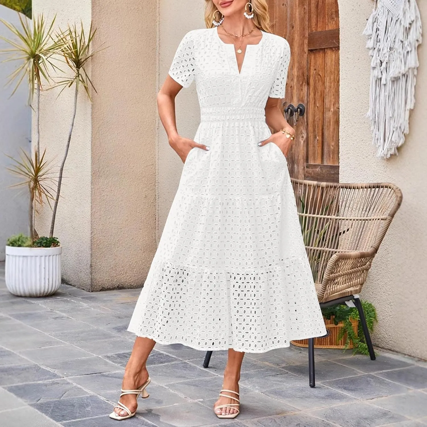 Women Summer Boho Maxi Dresses Eyelet Hollow Out Lace V Neck Short Sleeve Wrap Ankle Length Dress 2025 Beach Outfit