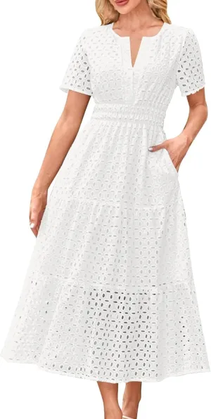 Women Summer Boho Maxi Dresses Eyelet Hollow Out Lace V Neck Short Sleeve Wrap Ankle Length Dress 2025 Beach Outfit