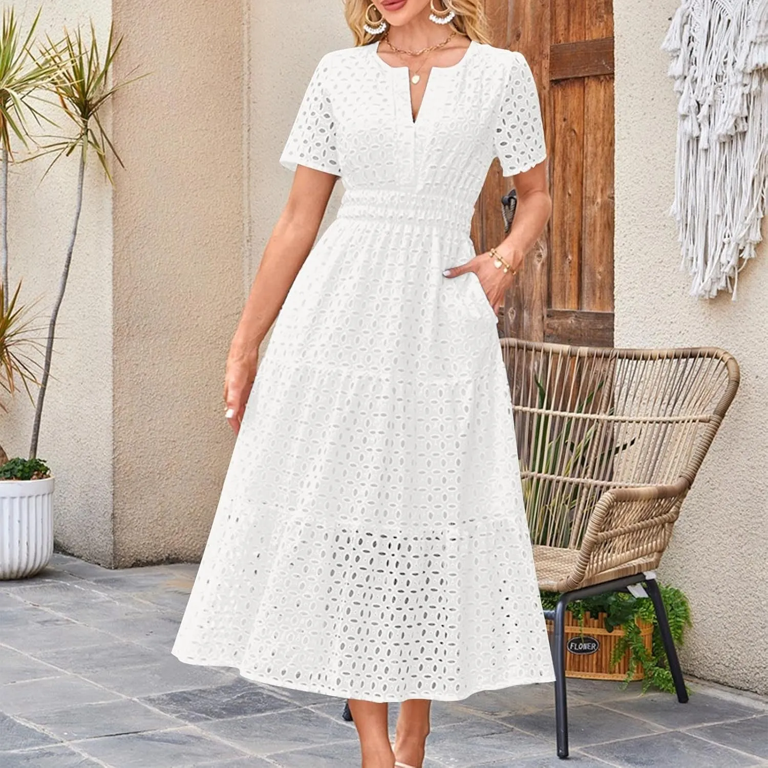 Women Summer Boho Maxi Dresses Eyelet Hollow Out Lace V Neck Short Sleeve Wrap Ankle Length Dress 2025 Beach Outfit