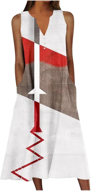 Women Summer Button Midi Dresses Crew Neck Sleeveless Floral A Line Dress Casual Cute Striped Sundress with Pockets