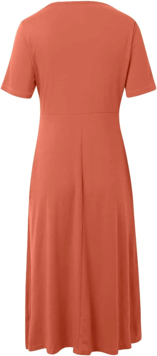 Women Summer Casual Dress V Neck Short Sleeve Pleated Maxi Beach Vacation Dresses with Pockets Boho Sundress