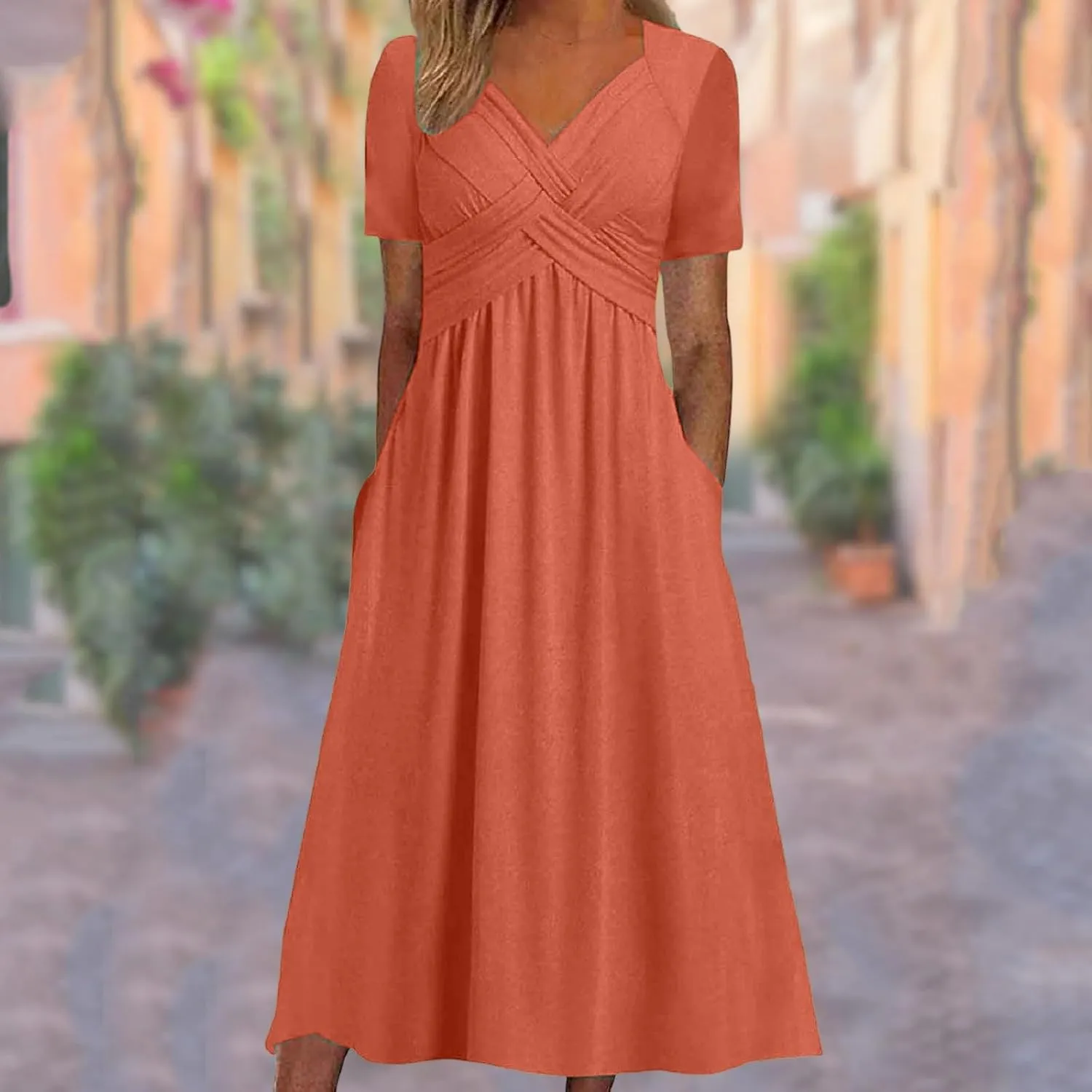 Women Summer Casual Dress V Neck Short Sleeve Pleated Maxi Beach Vacation Dresses with Pockets Boho Sundress