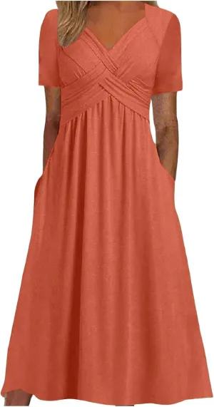 Women Summer Casual Dress V Neck Short Sleeve Pleated Maxi Beach Vacation Dresses with Pockets Boho Sundress