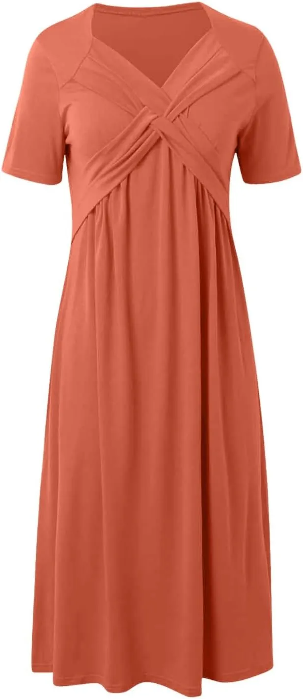 Women Summer Casual Dress V Neck Short Sleeve Pleated Maxi Beach Vacation Dresses with Pockets Boho Sundress