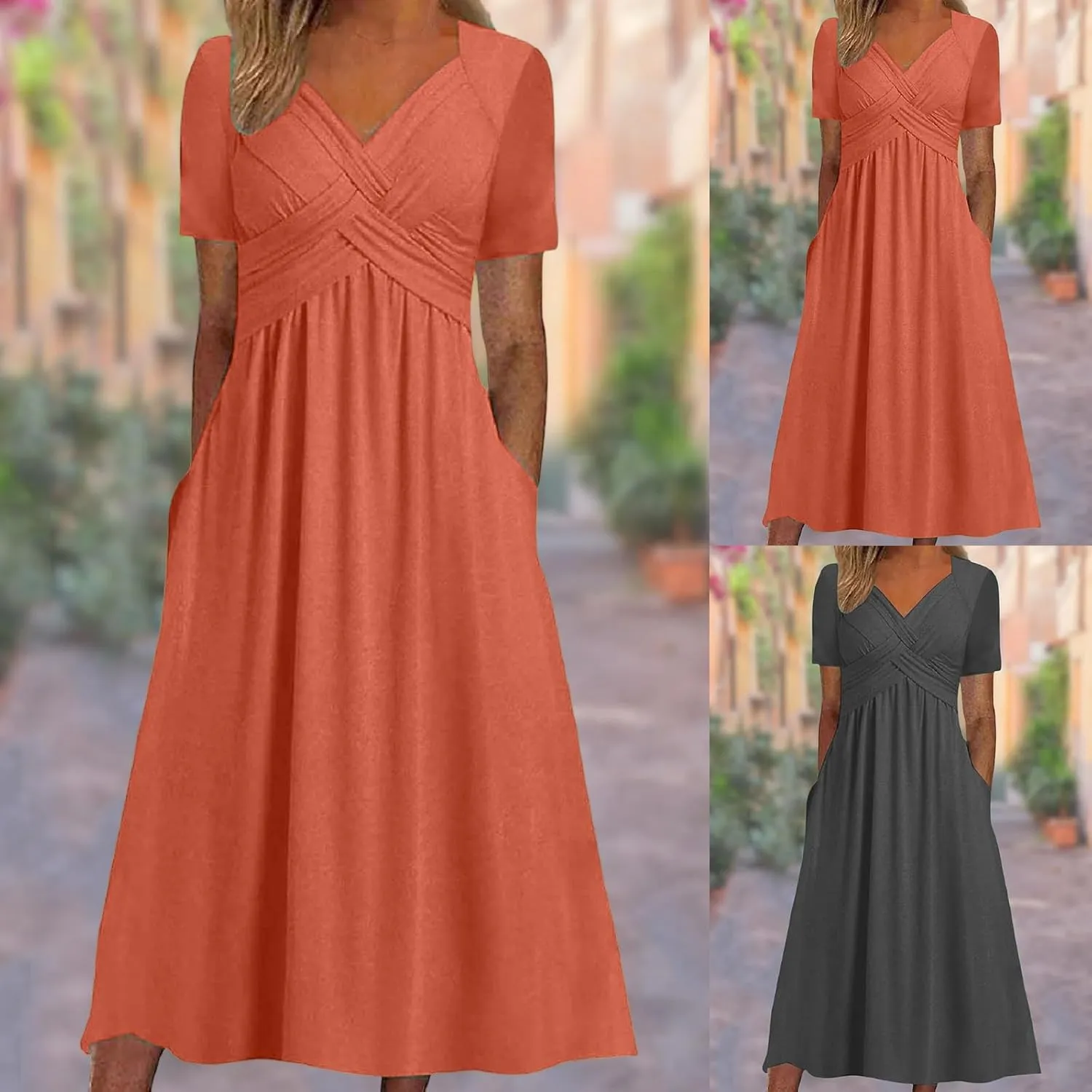 Women Summer Casual Dress V Neck Short Sleeve Pleated Maxi Beach Vacation Dresses with Pockets Boho Sundress