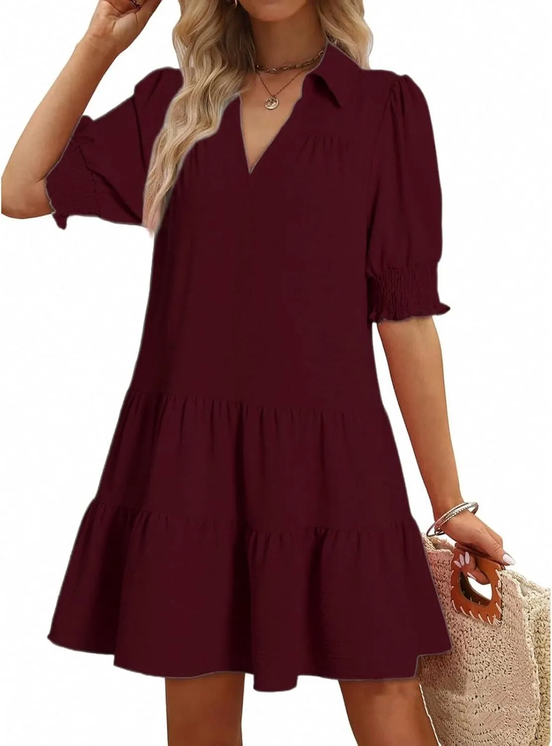 Women Summer Dresses 2025 Casual Lapel Collared V Neck Mid Sleeved Pleated Midi Dresses Short Sleeve Solid Dresses