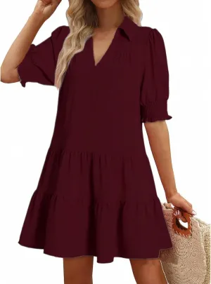 Women Summer Dresses 2025 Casual Lapel Collared V Neck Mid Sleeved Pleated Midi Dresses Short Sleeve Solid Dresses