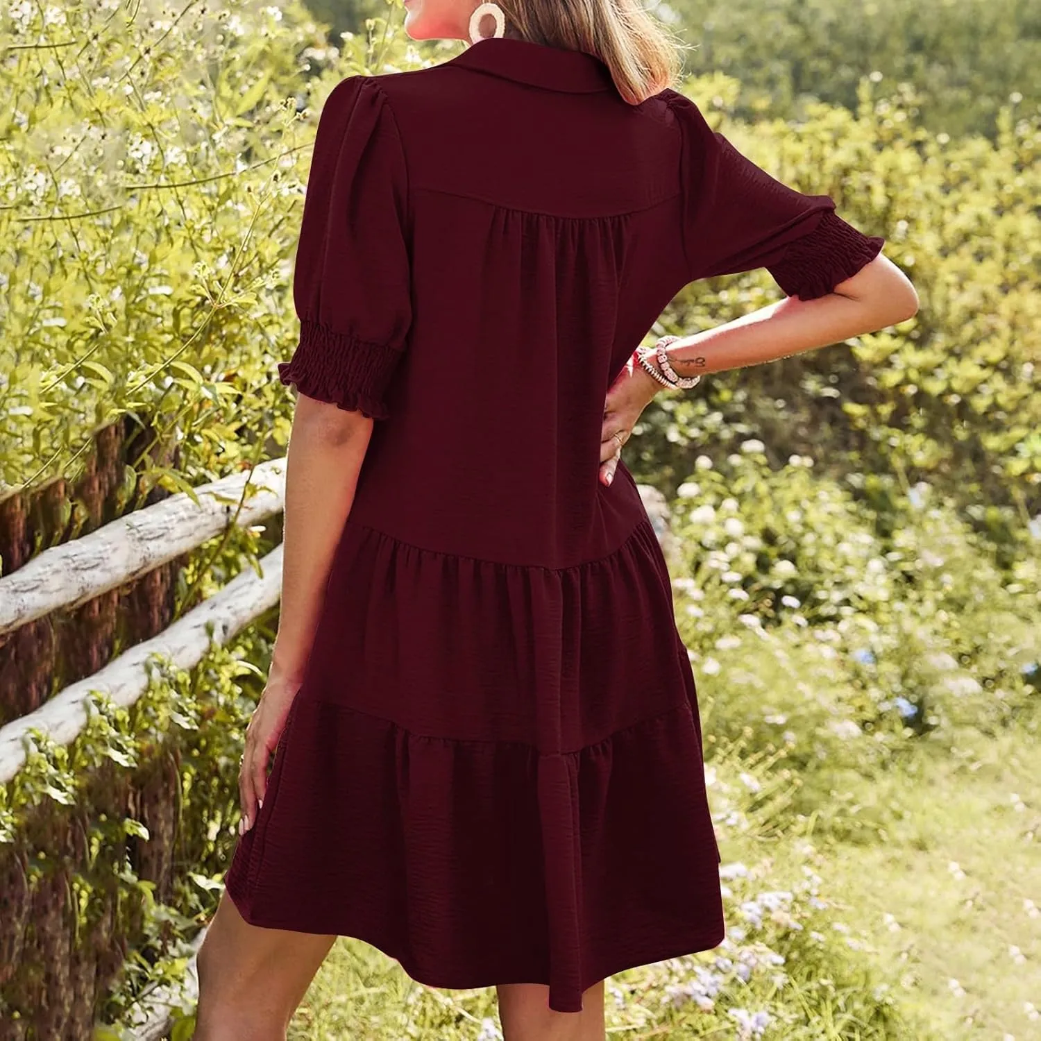 Women Summer Dresses 2025 Casual Lapel Collared V Neck Mid Sleeved Pleated Midi Dresses Short Sleeve Solid Dresses