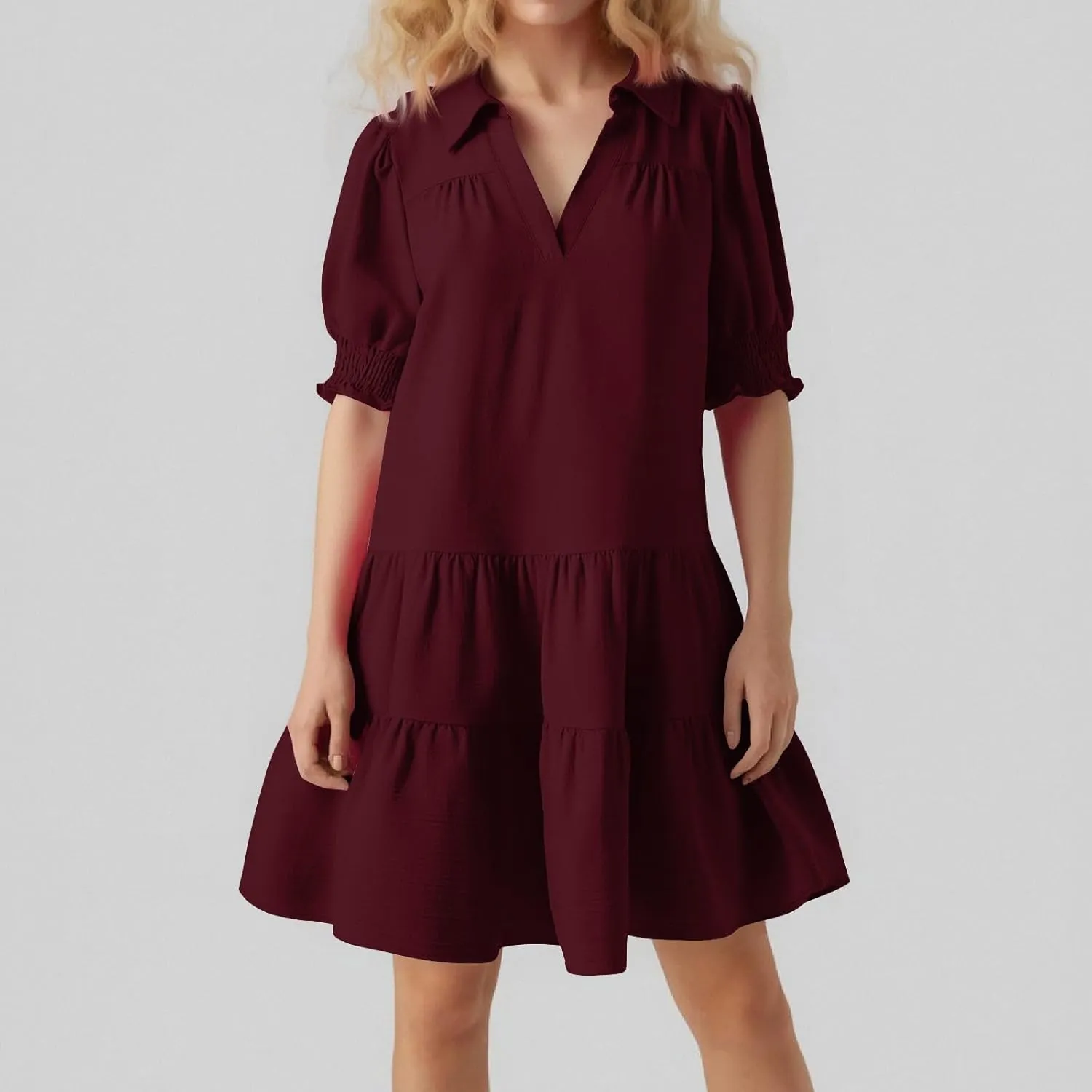 Women Summer Dresses 2025 Casual Lapel Collared V Neck Mid Sleeved Pleated Midi Dresses Short Sleeve Solid Dresses