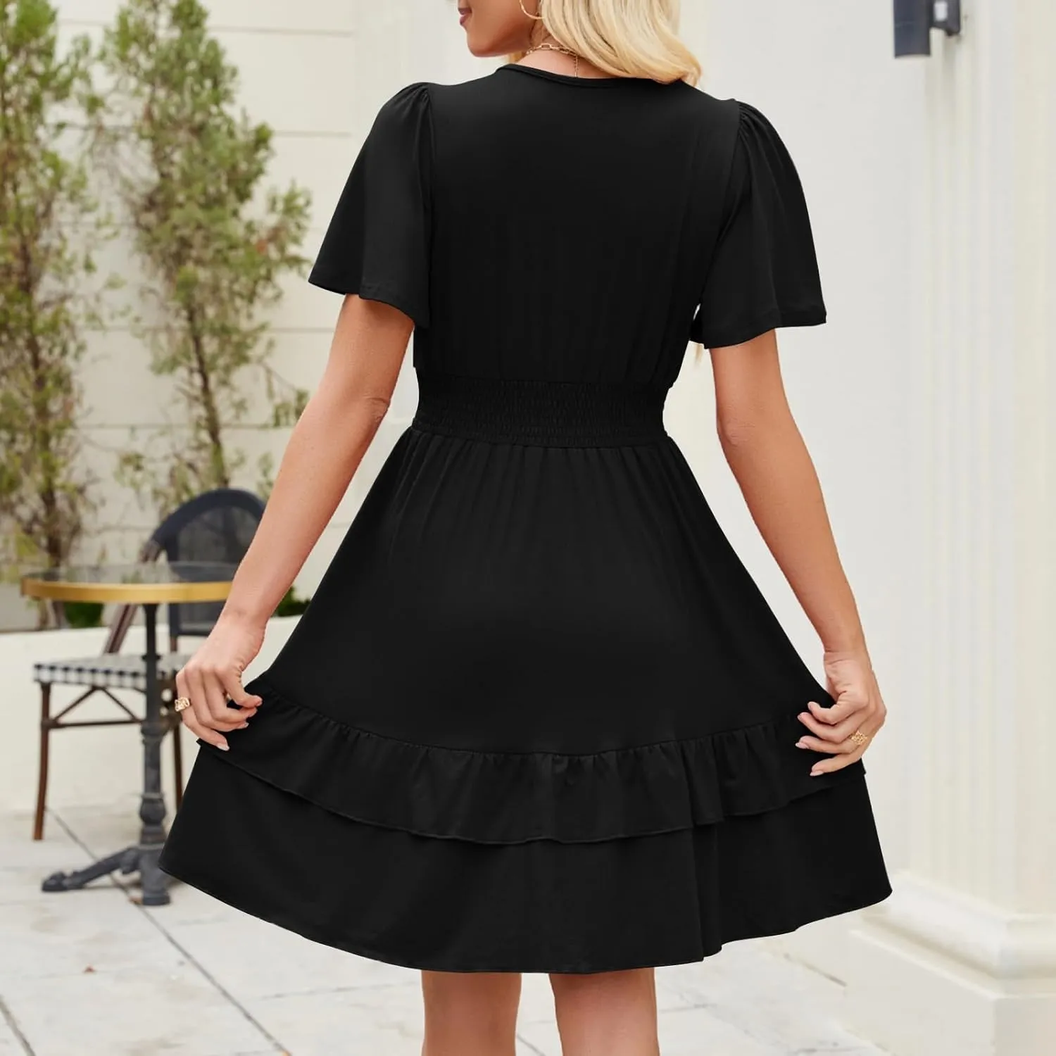 Women Summer Midi Dress Short Sleeve Ruched High Elastic Ruffle Hem Swing Flowy Wrap Dress Elegant Formal Outfit