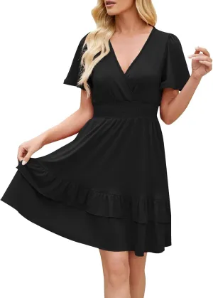 Women Summer Midi Dress Short Sleeve Ruched High Elastic Ruffle Hem Swing Flowy Wrap Dress Elegant Formal Outfit