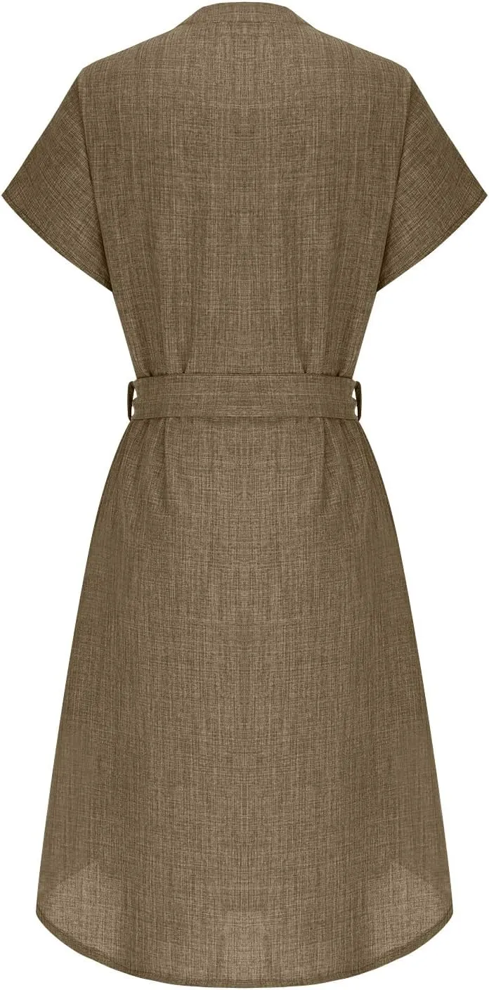 Women Summer Midi Shirt Dress Lapel Short Sleeve Tie Waist Wrinkle-Free Slim Work Vacation Party Shift Dress