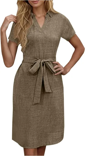 Women Summer Midi Shirt Dress Lapel Short Sleeve Tie Waist Wrinkle-Free Slim Work Vacation Party Shift Dress