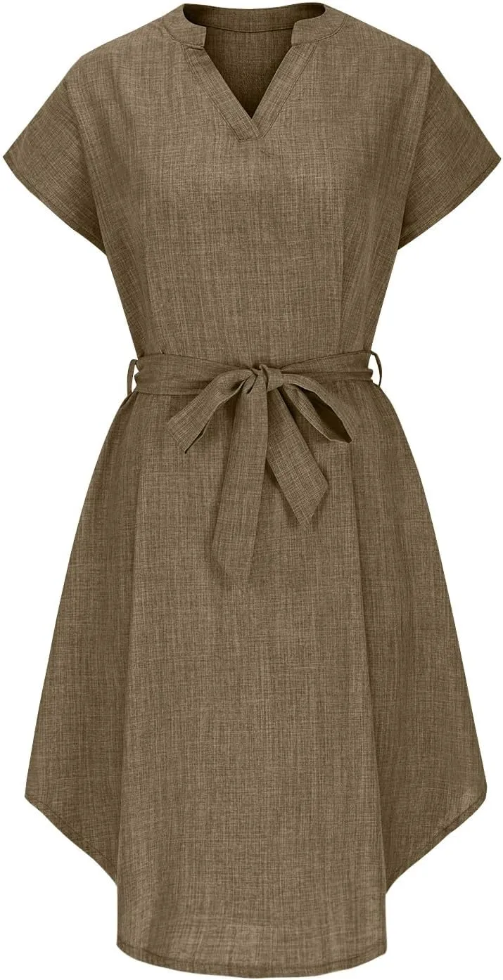 Women Summer Midi Shirt Dress Lapel Short Sleeve Tie Waist Wrinkle-Free Slim Work Vacation Party Shift Dress