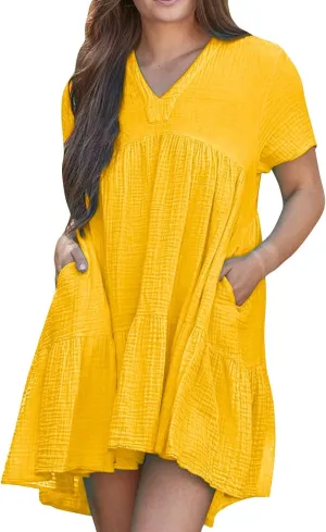 Women Summer Mini Dresses Short Sleeve V Neck Loose Smocked Tiered Flowy Pleated Cute Babydoll Dress with Pockets