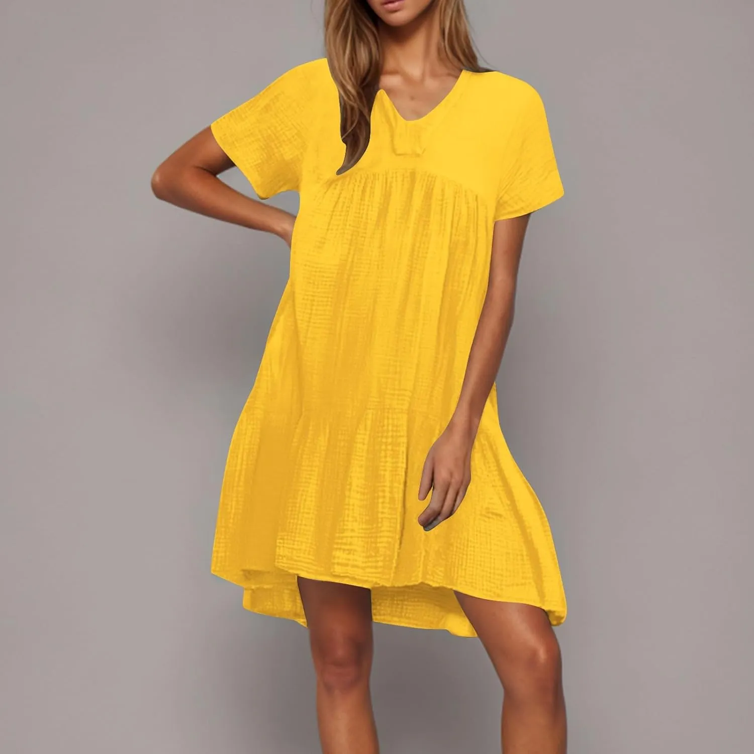 Women Summer Mini Dresses Short Sleeve V Neck Loose Smocked Tiered Flowy Pleated Cute Babydoll Dress with Pockets