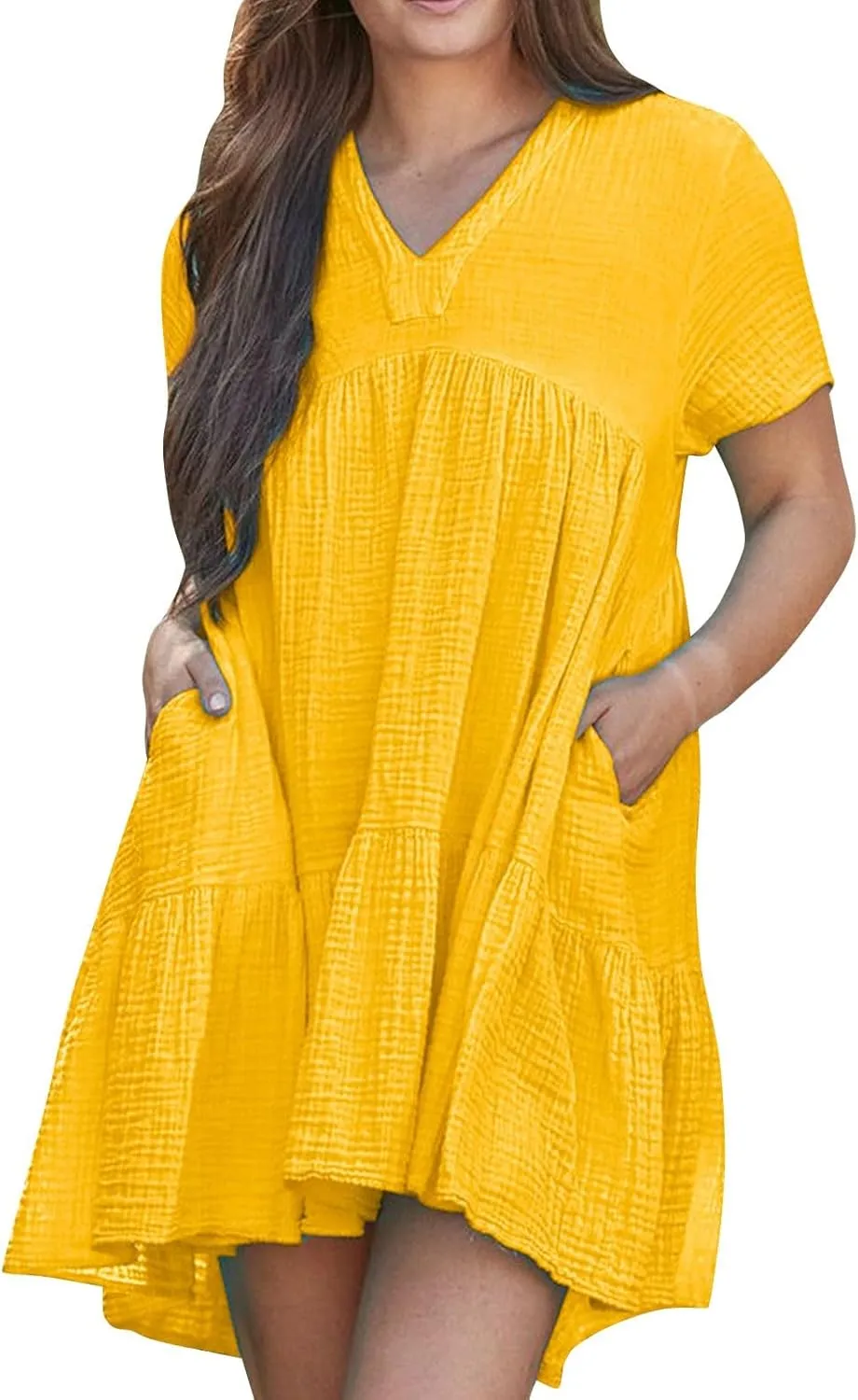 Women Summer Mini Dresses Short Sleeve V Neck Loose Smocked Tiered Flowy Pleated Cute Babydoll Dress with Pockets