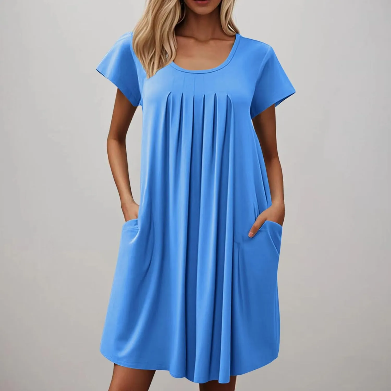 Women Summer T-Shirt Dresses Short Sleeve Pleated Front Swing A Line Dress Short Sleeve Causal Beach Vacation Dresses
