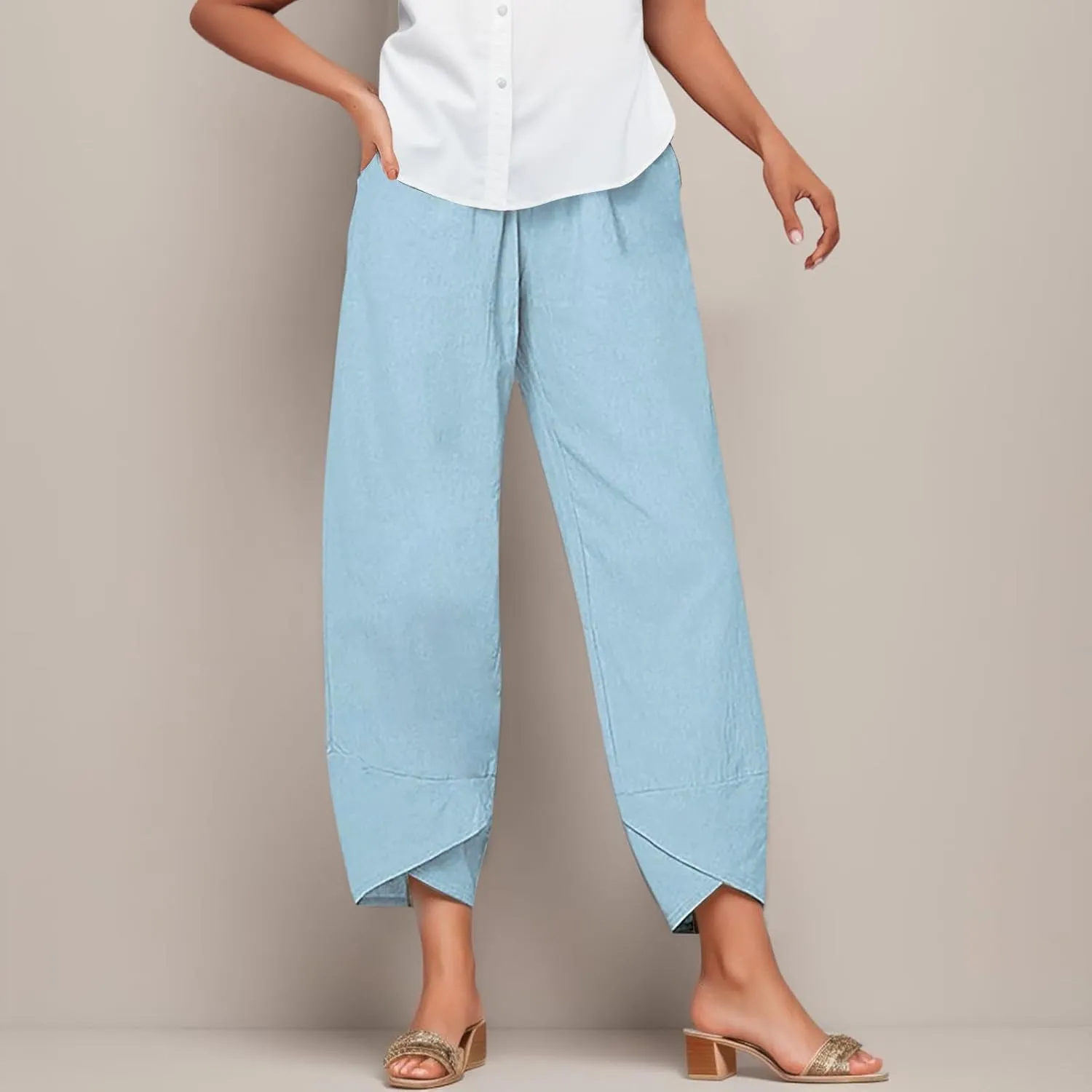 Women Wide Leg Linen Pants Dressy Casual Elastic High Waist Palazzo Pant Comfy Solid Trousers with Pocket